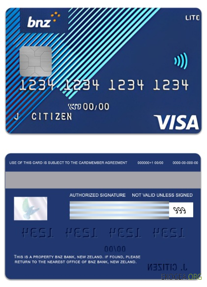 Carte visa Lite de la Banque BNZ de Nouvelle Zélande